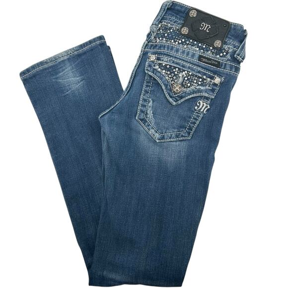 Vintage y2k Women's Low Rise Bedazzled Miss Me Blue Denim Bootcut Jeans Sz 27 - Picture 1 of 10